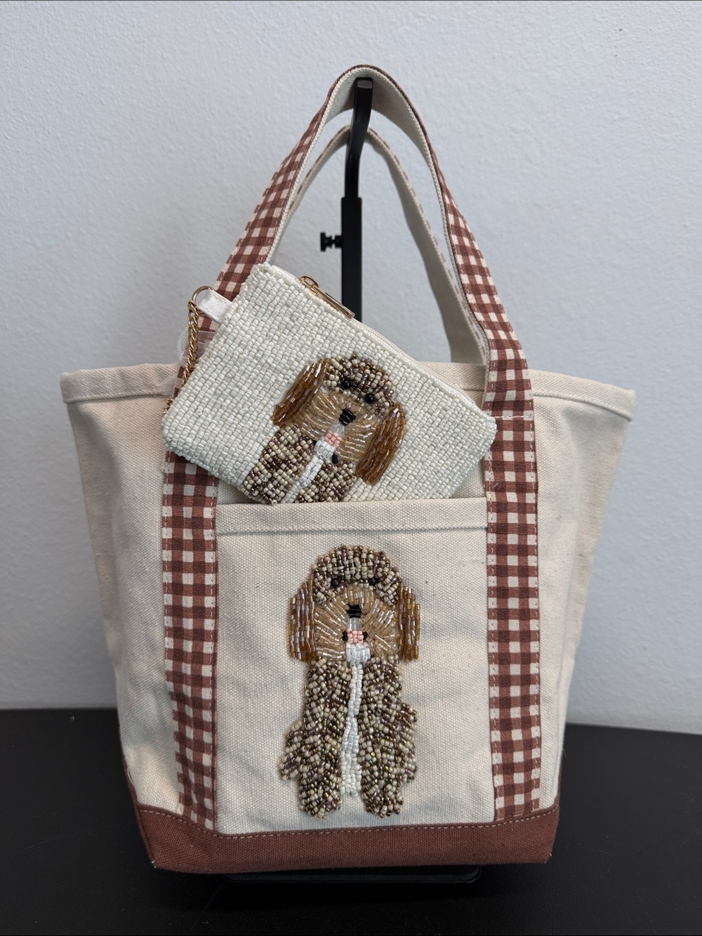 Made In India | Canvas Gingham Beaded Golden Doodle Tote Bag w/ Matching Pouch